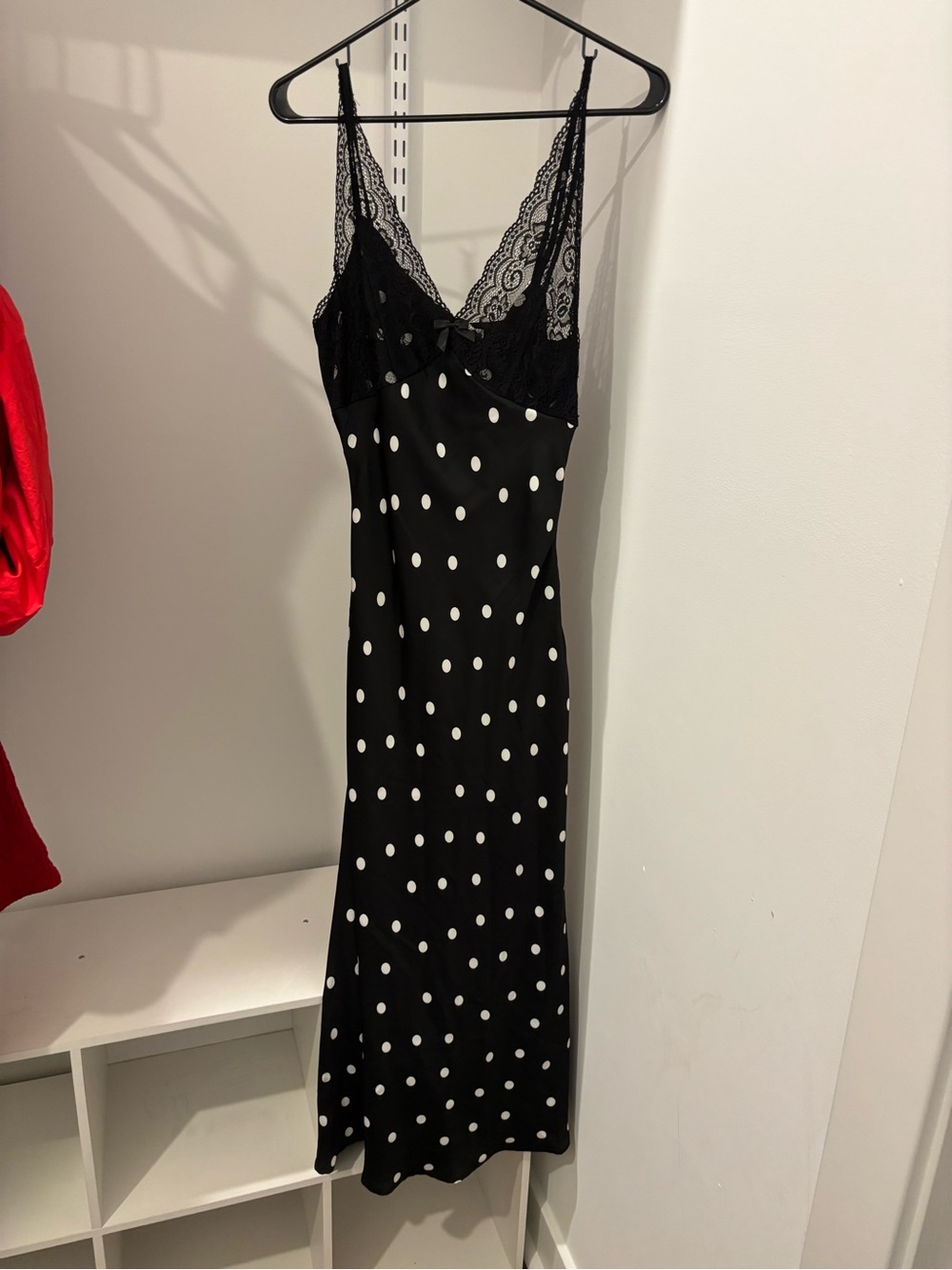 Trixxi Black and White Polka Dot Lace-Trim Slip Dress